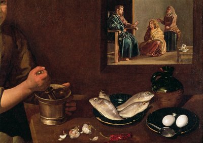 Keittiökohtaus Kristuksen kanssa Martan ja Marian talossa (yksityiskohta Ruoasta pöydällä Kristuksen, Martan ja Marian kanssa taustalla, katso 99423), n. 1618 tekijältä Diego Velázquez