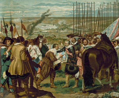 Bredan antautuminen, Alankomaat, 1625 (chromolitho) tekijältä Diego Velázquez