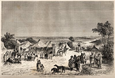 Lancelotin piirtämä Touareg-leiri havainnollistamaan tohtori Henri Barthin matkaa Afrikan keskustaan vuosina 1849-1855. Kaiverrus "" Le tour du monde, nouveau journal des voyages"" Paris tekijältä Dieudonne Auguste Lancelot