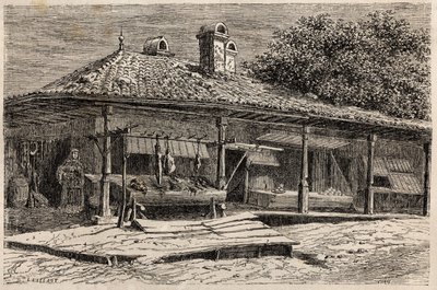 Lihakauppa ja leipomo Bukarestissa (Romania). Kaiverrus havainnollistamaan matkaa Pariisista Bukarestiin suunnittelija Lancelotin vuonna 1860 "Le tour du monde, nouveau journal des voyages" -julkaisussa, joka julkaistiin Edouard Chartonin johdolla. tekijältä Dieudonne Auguste Lancelot
