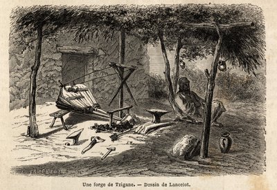 Mustalaispaja Walachian alueella, Romaniassa. Kaiverrus havainnollistamaan matkaa Pariisista Bukarestiin, laatija Lancelot, vuonna 1860, julkaistiin "Le tour du monde, nouveau journal des voyages" -lehdessä Edouard Chartonin johdolla. tekijältä Dieudonne Auguste Lancelot