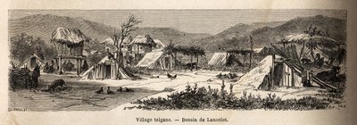 Mustalaiskylä. Kaiverrus havainnollistamaan matkaa Pariisista Bukarestiin, laatija Lancelot, vuonna 1860, julkaistiin "Le tour du monde, nouveau journal des voyages" -lehdessä Edouard Chartonin johdolla. tekijältä Dieudonne Auguste Lancelot