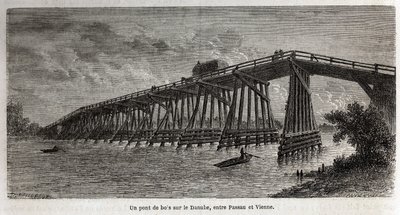 Puinen silta Tonavan yli Passaun ja Wienin välillä, Lancelotin piirros havainnollistamaan Victor Duruyn matkaa Pariisista Bukarestiin vuonna 1860. Kaiverrus kirjaan "" Le tour du monde", toimittanut Edouard Charton tekijältä Dieudonne Auguste Lancelot