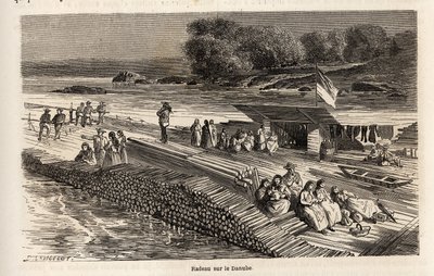 Puinen lautta Tonavalla tavaroiden ja ihmisten kuljettamiseen, Lancelotin piirros havainnollistamaan Victor Duruyn matkaa Pariisista Bukarestiin vuonna 1860. Kaiverrus kirjaan "" Le tour du monde", toimittanut Edouard Charton tekijältä Dieudonne Auguste Lancelot