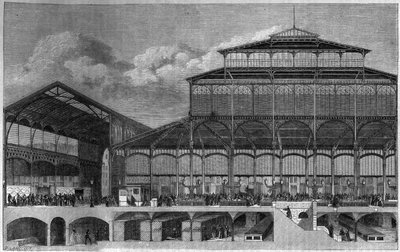 Poikkileikkaus Halles de Parisista vuonna 1862. Lancelotin kaiverrus kirjassa "Le Magasin viehättävä" tekijältä Dieudonne Auguste Lancelot