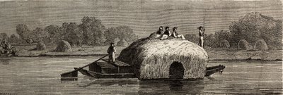 Rehun leikkaaminen, sadonkorjuu ja kuljetus Tonavan rannalla. Lancelotin piirros havainnollistamaan hänen matkaansa Pariisista Bukarestiin vuonna 1860. Kaiverrus kirjaan "" Le tour du monde", toimittanut Edouard Charton tekijältä Dieudonne Auguste Lancelot