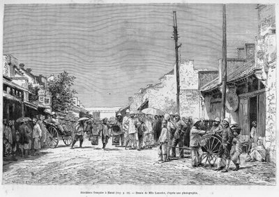Ranskan asuinpaikka Hanoissa. Lancelotin kaiverrus valokuvan jälkeen havainnollistamaan tarinaa Trente mois au Tonkin vuonna 1884, tohtori Hocquard, in le tour du monde 1889, ohjannut Edouard Charton (1807-1890), Hachette, Pariisi. tekijältä Dieudonne Auguste Lancelot