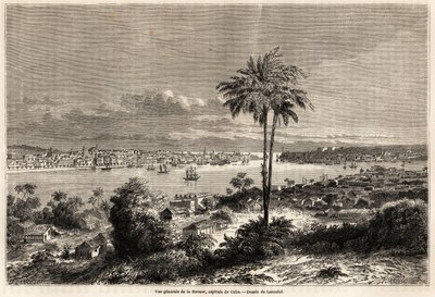Yleiskuva Havannasta, Kuuban pääkaupungista, Lancelotin piirros havainnollistamaan matkaa Kuuban saarelle vuonna 1859, kirjoittanut Richard Dana (1815-1882). Kaiverrus "" Le tour du monde, nouveau journal des voyages"" Paris tekijältä Dieudonne Auguste Lancelot