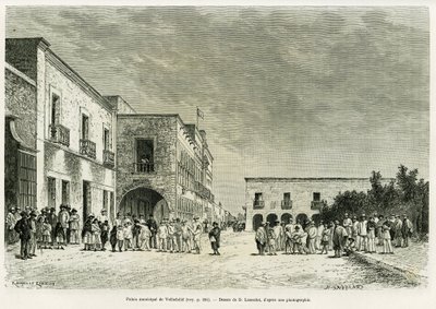 Valladolidin kaupunginpalatsi. Lancelotin kaiverrus havainnollistamaan tarinaa Ma last expedition au Yucatan, kirjoittanut Desire Charnay, in le tour du monde 1887, ohjannut Edouard Charton (1807-1890), Hachette, Pariisi. tekijältä Dieudonne Auguste Lancelot