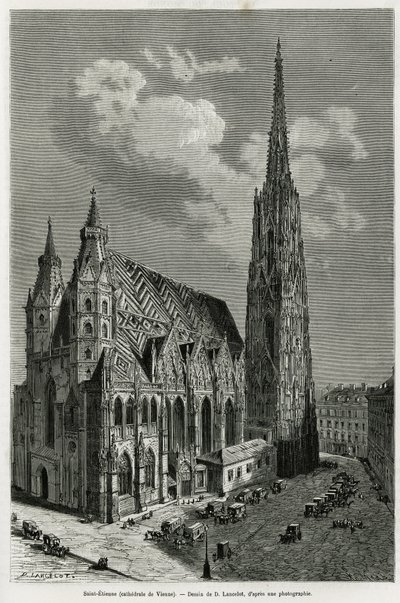 Pyhän Tapanin katedraali (St. Stephen tai Stephansdom tai St. Stephane tai St. Stephan Kirche) (rakennettu vuosina 1113-1147), Wien (Itävalta). Lancelotin kaiverrus havainnollistamaan tarinaa Vienne ja sen esikaupunki, M. Newlinski, vuonna 1881, julkaistii tekijältä Dieudonne Auguste Lancelot