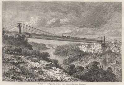 Lancelotin piirtämä Niagaran kaksoissilta havainnollistaa L. Devillen matkoja Pohjois-Amerikkaan vuosina 1854-55. Kaiverrus ”” Le tour du monde”” 1861. Selvan kokoelma. tekijältä Dieudonne Auguste Lancelot