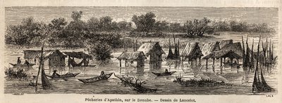 Apathinin (Serbia) kalastus Tonavalla. Lancelotin piirros havainnollistamaan hänen matkaansa Pariisista Bukarestiin vuonna 1860. Kaiverrus kirjaan "" Le tour du monde", toimittanut Edouard Charton tekijältä Dieudonne Auguste Lancelot