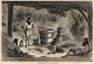 Rakioun, viljaalkoholin, eräänlaisen snapsin valmistus on hyvin yleistä Romaniassa. Kaiverrus havainnollistamaan matkaa Pariisista Bukarestiin, valmistelija Lancelot, vuonna 1860, julkaistu "Le tour du monde, nouveau journal des voyages" ohjeiden alla tekijältä Dieudonne Auguste Lancelot