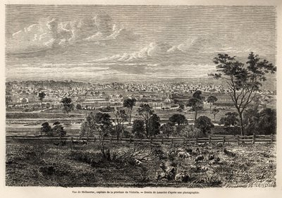 Näkymä Melbournessa (Australia), Lancelotin piirros havainnollistamaan muistoja ranskalaisesta squatterista Australiassa vuosina 1854-1859, kirjoittanut M. de Castella. Kaiverrus ”” Le tour du monde”” 1861. Selvan kokoelma. tekijältä Dieudonne Auguste Lancelot