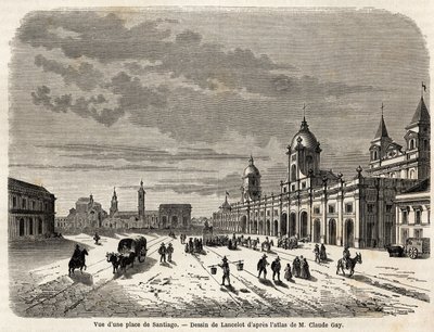 Näkymä aukiolta Santiagossa (Chile), Lancelotin piirustus kuvaamaan matkaa Etelä-Amerikkaan vuonna 1823, Giovanni Mastai Ferretti (1792-1878, tuleva Pius IX). Kaiverrus "" Le tour du monde, nouveau journal des voyages"" Paris tekijältä Dieudonne Auguste Lancelot