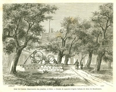 Näkymä entisen jesuiittaobservatorion pihalle Pekinissä (Peking), Kiina. Kaiverrus Lancelot, "" Le Tour du Monde, Nouveau Journal des Voyages", toimittanut Edouard Charton, Paris tekijältä Dieudonne Auguste Lancelot