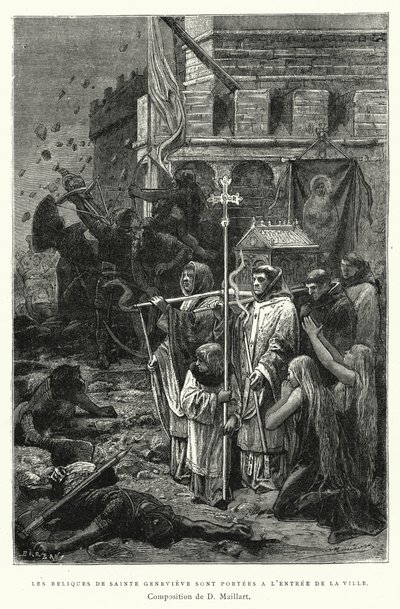 Pyhän Genevieven pyhäinjäännöksiä kuljetetaan kaupungin sisäänkäynnillä (kaiverrus) tekijältä Diogene Ulysse Napoleon Maillart