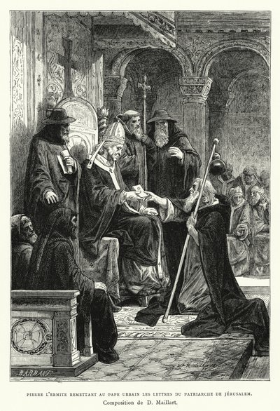 Pietari Erakko jakaa paavi Urbanille Jerusalemin patriarkan kirjeet (kaiverrus) tekijältä Diogene Ulysse Napoleon Maillart