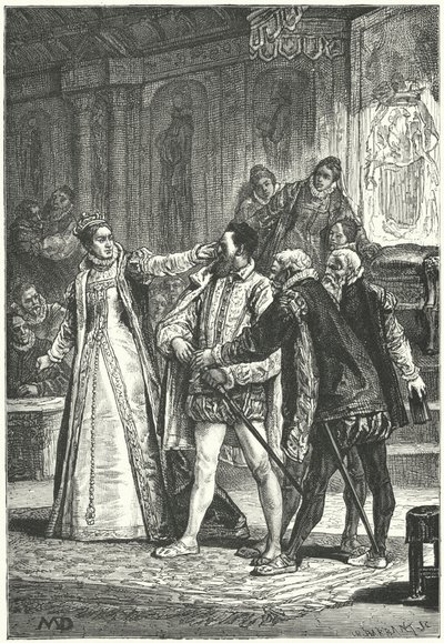 Essexin jaarli uhkasi vetää miekkansa sen jälkeen, kun kuningatar Elisabet I laittoi hänet korvan ympärille hänen röyhkeyden vuoksi, 1598 tekijältä Diogene Ulysse Napoleon Maillart