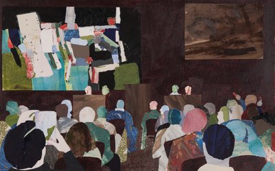 Abstrakti väkijoukko, huutokauppakollaasi tekijältä Dione Verulam