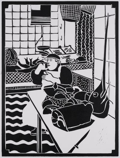 Kalaa myytävänä, Sisilia, 2025 (Linoleikkaus) (Linocut) tekijältä Dione Verulam