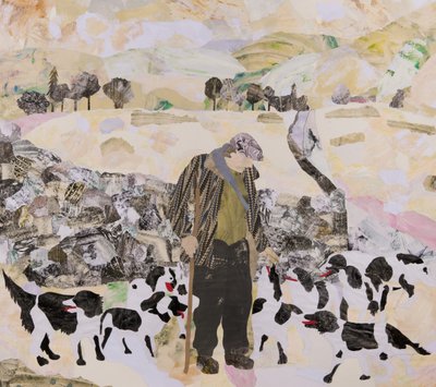 Yksi mies ja hänen koiransa lumessa, 2018 (kollaasi) tekijältä Dione Verulam