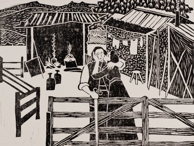 Siegfried  Sieglinde, Hundingin maja, Wagnerin Sormus-sykli, 2024 (Linoleikkaus) tekijältä Dione Verulam