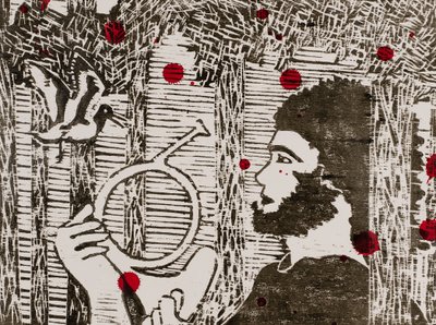 Siegfried, puulinnut ja lohikäärmeen veri, Wagnerin Soitussykli, 2024 (puupiirros) tekijältä Dione Verulam