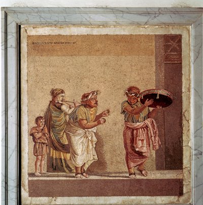 Roomalainen mosaiikki muusikoista ja naamioituneista näyttelijöistä näytelmässä, Pompei, Italia tekijältä Dioscurides
