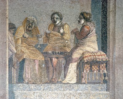 Roomalainen mosaiikki kohtauksesta naamioituneiden näyttelijöiden kanssa, Ciceron huvila, Pompei, 2. vuosisadalla eKr. tekijältä Dioscurides of Samos