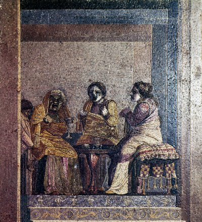 Roomalainen mosaiikki kohtauksesta naamioituneiden näyttelijöiden kanssa, Ciceron huvila, Pompei, 2. vuosisadalla eKr. tekijältä Dioscurides of Samos