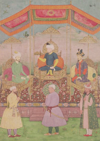Mughal-keisari Babur ja hänen poikansa Humayan, intialainen miniatyyri Rajasthanista, 1500-luku tekijältä Dip Chand