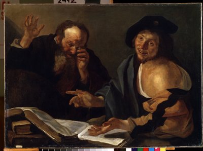 """"Herakleitos ja Demokritos"" Kreikkalaiset filosofit Herakleitos Efesolainen (Herakleitos) (535-475 eKr.) ja Demokritos (Demokritos) (460-370 eKr.). Theodore van Baburenin (Dirk Baburen) maalaus (1570/90-1623/4) 1600-luvun Mikalon taidemuseo tekijältä Dirck Baburen van