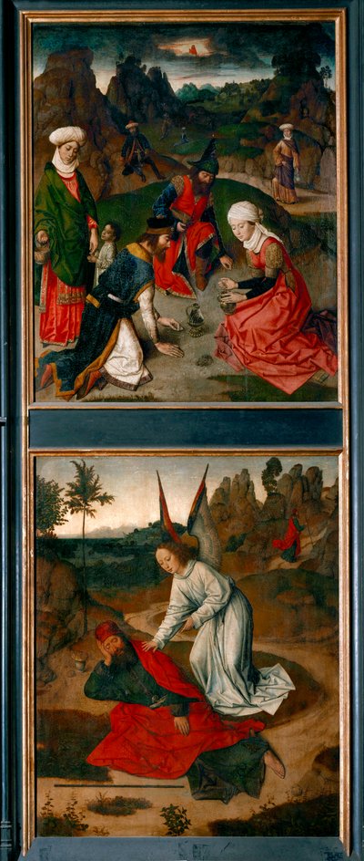 Viimeisen ehtoollisen alttari, oikea siipi: ylhäällä: mannan kerääminen erämaassa alhaalla: enkeli herättää profeetta Elian (maalaus puulle). tekijältä Dirck Bouts