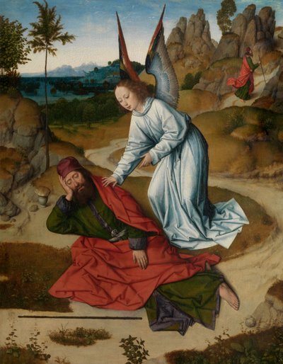 Elia autiomaassa, yksityiskohta Pyhän Sakramentin alttaritaulusta, n. 1464-68 (öljy paneelille) tekijältä Dirck Bouts