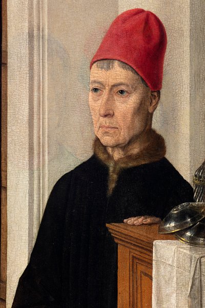 Seurakuntakirkko (Saint Peter Parish Church). maalaus. Viimeinen ehtoollinen. Dirk Bouts. 1464-1468. Yksityiskohta. keskuspaneeli. tekijältä Dirck Bouts