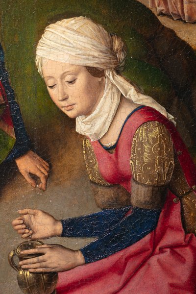 Seurakuntakirkko (Parochiekerk Sint-Pieter). Maalaus. Viimeinen ehtoollinen. Dirk Bouts. 1464-1468. Yksityiskohta. Oikea paneeli. tekijältä Dirck Bouts