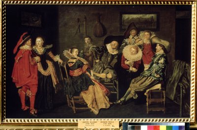 ""The Merry Company"" (The Merry Company) Juhla varakkaassa hollantilaisessa asunnossa, tyylikkäästi pukeutuneiden porvarien pöytä. Dirck Halsin (1591-1656) maalaus 1600-luvulta Koko 41x66 cm Pushkin-museo, Moskova tekijältä Dirck Hals