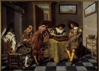 tric tracin osa (tri-trac: vanha Backgammon-peli). Dirk Halsin (1591-1656) maalaus, noin 1615-1625. Öljy puulle. Koko: 0,38 x 0,53 m. Lille, Musee Des Beaux Arts - Tic-trac-pelaajat ("Trictrac: ikivanha Backgammon-peli). Dirk Halsin maalaus (159 tekijältä Dirck Hals