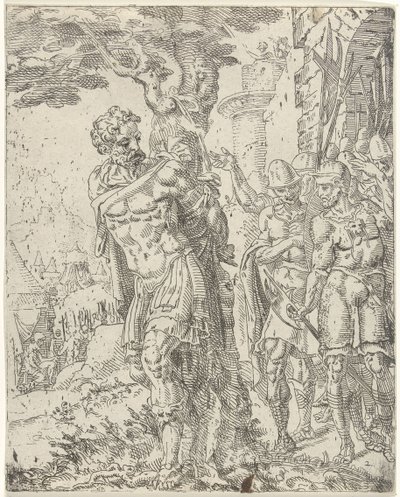 Achior sidottu puuhun Judit ja Holofernes (sarjan nimi) tekijältä Dirck Volckertsz. Coornhert (attributed to)