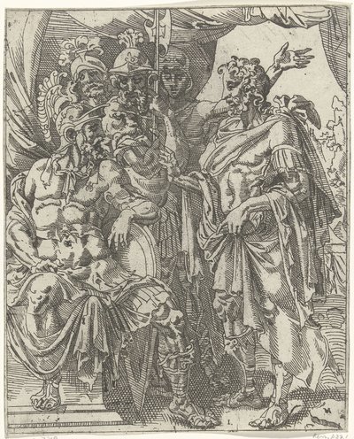 Aquior explica a Holofernes sobre els israelites Judit i Holofernes (títol de la sèrie) acaben tekijältä Dirck Volckertsz. Coornhert (attributed to)
