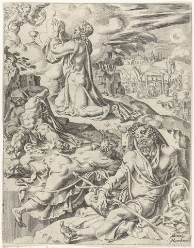 Kristus Getsemanen puutarhassa Ihmiskunnan lankeemus ja lunastus Kristuksen elämän ja kärsimyksen kautta (sarjan nimi) tekijältä Dirck Volckertsz. Coornhert (attributed to)