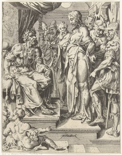 Kristus Herodeksen edessä Ihmiskunnan lankeemus ja lunastus Kristuksen elämän ja kärsimyksen kautta (sarjan nimi) tekijältä Dirck Volckertsz. Coornhert (attributed to)