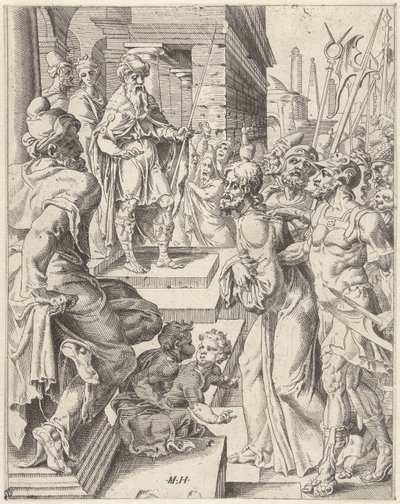 Kristus Pilatuksen edessä Ihmiskunnan lankeemus ja lunastus Kristuksen elämän ja kärsimyksen kautta (sarjan nimi) tekijältä Dirck Volckertsz. Coornhert (attributed to)