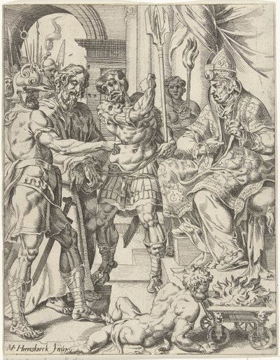 Kristus ylipappi Hannaksen edessä Lankeemus ja ihmiskunnan lunastus Kristuksen elämän ja kärsimyksen kautta (sarjan nimi) tekijältä Dirck Volckertsz. Coornhert (attributed to)