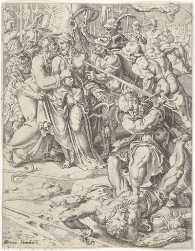 Judas Kiss ja Kristuksen pidätys Ihmiskunnan lankeemus ja lunastus Kristuksen elämän ja kärsimyksen kautta (sarjan nimi) tekijältä Dirck Volckertsz. Coornhert (attributed to)