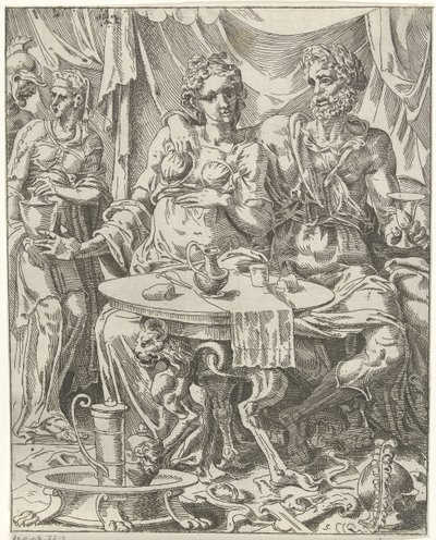 Judith ja Holofernes nauttivat juhlasta Judith ja Holofernes (sarjan nimi) tekijältä Dirck Volckertsz. Coornhert (attributed to)