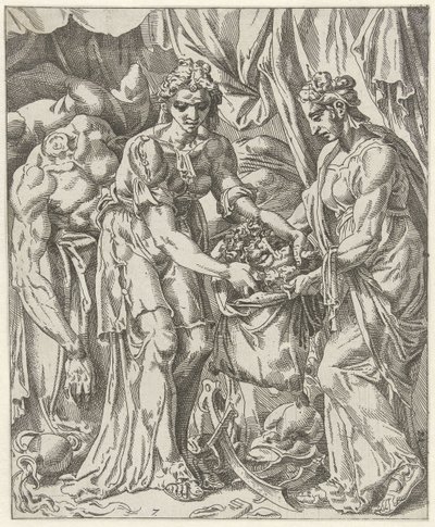 Judit laittaa Holofernesin pään pussiin Judith ja Holofernes (sarjan nimi) tekijältä Dirck Volckertsz. Coornhert (attributed to)