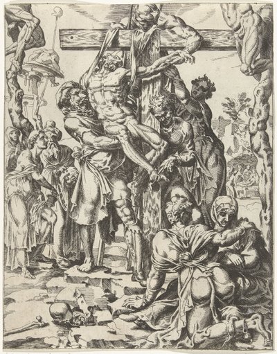 Laskeutuminen ristiltä Ihmiskunnan lankeemus ja lunastus Kristuksen elämän ja kärsimyksen kautta (sarjan nimi) tekijältä Dirck Volckertsz. Coornhert (attributed to)