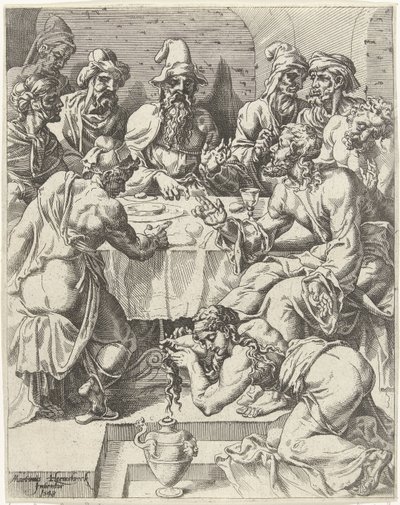 Maria Magdaleena pesee Kristuksen jalat Ihmiskunnan lankeemus ja lunastus Kristuksen elämän ja kärsimyksen kautta (sarjan nimi) tekijältä Dirck Volckertsz. Coornhert (attributed to)